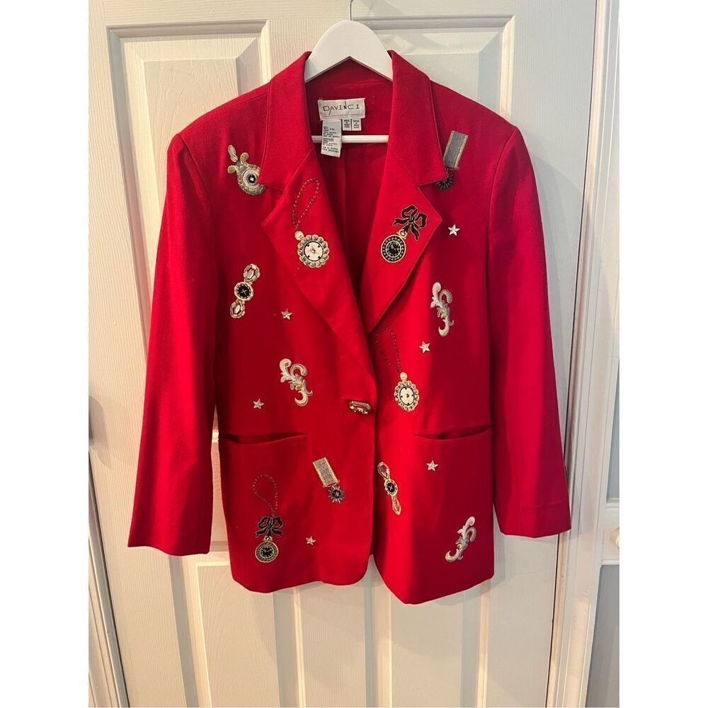 Vintage DaVinci Red Wool Clock Watch Embroidered Jacket Blazer sz L (flaw)